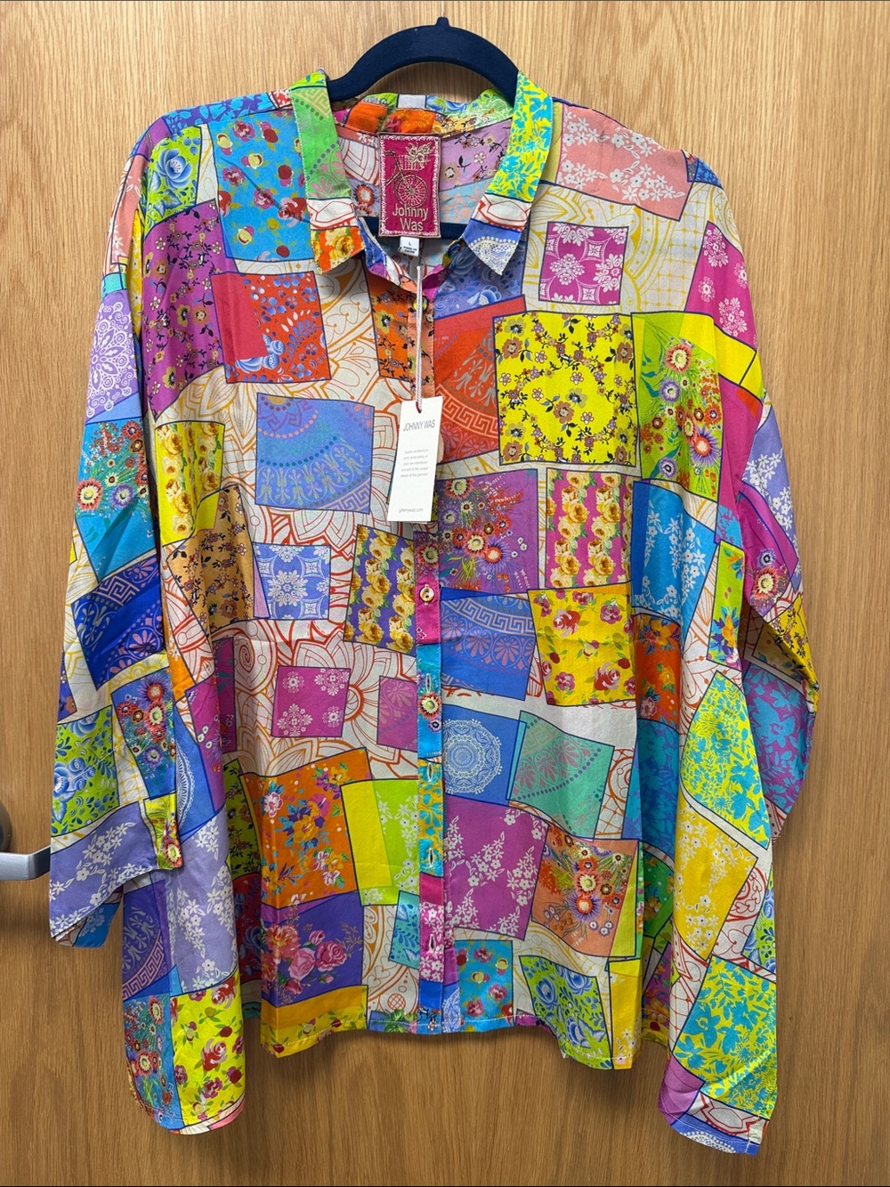 Johnny Was 100% Silk Multicolor Floral Patchwork Button-Down Shirt NWT